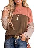 Dokotoo Womens Pullover Shirts Crewneck Long Sleeve Colorblock Tunics Blouses Autumn Casual Loose Jumper Tops Fall Fashion Knitted Tops Cruise Outfits for Women 2024 Coffee Medium