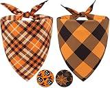 2PCS Thanksgiving Dog Bandanas,Fall Dog Bandanas,One Side Orange Plaid,The Other Side Pumpkin or Spider Web Bibs,Holiday Pet Scarf for Boy and Girl Dogs,Halloween Pet Outfit for Medium to Large Dogs