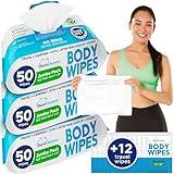 Body Wipes for Adults Bathing No Rinse (3 Pack) 150 XL Shower Wipes +12 Travel Bath Wipes - 9"x12" Thick Cleansing Waterless Wash Wipes for Camping, Elderly Incontinence & After Surgery Must Haves