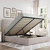 Allewie Queen Size Lift Up Storage Bed, Modern Wingback Headboard, Hydraulic Support, No Box Spring Needed, Light Beige