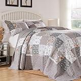 Greenland Home Barefoot Bungalow Giulia Quilted Modern Floral Cotton Bedspread Set, 3-Piece Jumbo King, Gray