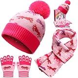 Fourluoo Unicorn Girls Winter Hat Scarf Gloves Sets Kids Beanie Hat with Pom Christmas Knit Neck Mittens for Toddlers Gift(2-4years)