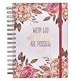 Christian Art Gifts Hardcover Journal, With God All Things Mathew 19:26 Bible Verse, Pink Floral Inspirational Wire Bound Spiral Notebook Elastic Closure Lined Pages w/Scripture, 7 x 8.5