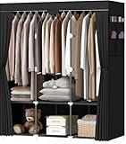 LOKEME Portable Closet, Portable Closets for Hanging Clothes with 3 Hanging Rods and 6 Storage Shelves and 4 Side Pockets, Black Wardrobe Closet Easy to Assemble and Strong and Stable