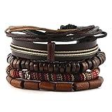 HZMAN Mix 5 Wrap Bracelets Men Women, Hemp Cords Wood Beads Ethnic Tribal Bracelets, Leather Wristbands