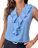 Lotusmile 2025 Summer Tops - Business Chiffon Tank Blouses for Women - Ruffle V Neck Sleeveless Shirts Under Blazer for Office, Work, and Daily Professional Wear (Blue/White Dots, Large)
