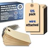 Easytwelve - 125 Pcs Hang Tags with Reinforced Eyelet, Pre-Attached Wire Cardboard for Labeling Price Sale Shipping Product Inventory Luggage Garage Hanging Items 4 3/4 x 2 3/8 inch (Manila Wire)