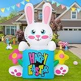 COMIN 5.2 FT Easter Inflatables Bunny Holding Pillow Outdoor Decorations Blow Up Spring Flower with Built-in LEDs for Indoor Yard Garden Lawn Decoration