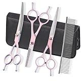 Dog Grooming Scissors Kit, Fcysy Professional Dog Trimming Scissors Set, Hair Cutting Curved Thinning Shears for Pet Cat at Home, Pet Grooming Supplies
