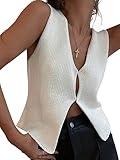 Women Y2k Crochet Vest Top Vintage Solid Color V Neck Sleeveless Button Down Crop Tops Streetwear (A White, S)