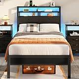 Furnulem Twin Bed Frames with Charging Station and LED Lights, Wood Headboard with 2 Fabric Drawers and Storage Shelves, Twin Size Platform Bed with Metal Slats, No Box Spring Needed, Black Oak