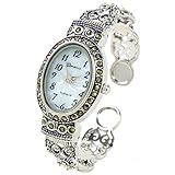 Silver Black Vintage Style Marcasite Crystal Oval Face Women's Bangle Cuff Watch