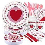 2025 Valentines Day Paper Plate Tableware Set - 177 pcs Heart and Love Disposable Dinnerware with 2 Tablecloth - Red Paper Plates Napkins Cups for Valentines Day Kids School Office Party Supply