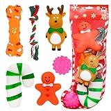 ZALALOVA Christmas Dog Stocking Gifts Toys Set, 6 Pcs Xmas Dogs Toys Chew Toys Assorted Santa Clause Gingerbread Man Bone Shape Christmas Tree Candy Cane Shape Chewer Interactive Ball Gifts