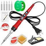 Soldering Iron Kit, 100W LED Digital Solder Iron Soldering Gun kit with Ceramic Heater, Adjustable Temperature Soldering Kit with Tips, Solder Wick Braid, Stand, Solder Wire, Sponge, Flux Paste, Red