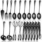 19 Pieces Serving Flatware Set Including Stainless Steel Spatulas, Forks, Spoons, Perforated Spoons, Soup Spoons, Skimmers Spoon, Buffet Tongs, Heavy Duty Serving Tongs for Home(Black)