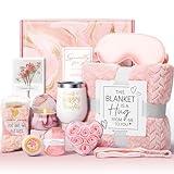 Birthday Gifts for Women Self Care Gifts Get Well Soon Gifts, Rose Relaxing Spa Gifts Basket Care Package w/ Luxury Flannel Blanket, Unique Mothers Day Gifts for Mom Her Friend Sister Wife Grandma