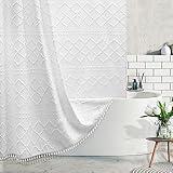 Boho White Woven Fabric Shower Curtain with Tassel 72 x 72 Modern Farmhouse Minimalist, Tufted Chevron Striped Shabby Chic Textured, Water Resistant Cloth Curtain for Bathroom, Hotel Decor