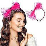 Neptniopllab Neon Lace Bow Headband, Elastic Women's 1980s Neon Lace Headband 1980s Cosplay Hair Accessories for Women (Pink)