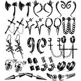 16 Pairs Stainless Steel Punk Y2K Black Dangle Earrings for Men, Axe Skull Screw Cone etc Huggie Hoop Long Chain Piercing Hoop Earrings Set for Unisex Earrings for Women