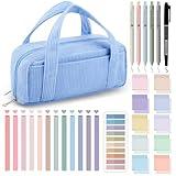 Jutom 39 Pcs Aesthetic Book Annotation Kit Pencil Case Bag with Highlighter Gel Pen 700 Sheets Transparent Sticky Notes Pads Index Tab Bible Study Supplies for School(Navy Blue,Classic Style)