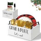 MEMOORIAL Paper Plate Dispenser for Countertop, Wood Silverware Caddy, Rustic Paper Plate Holders, Napkin Holder and Utensil Caddy, Paper Plate Organizer for Kitchen, Christmas, Halloween Party