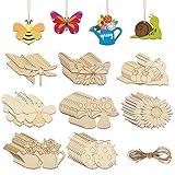 80PCS Wooden Spring Ornaments to Paint, 8 Styles DIY Blank Unfinished Wood Cutouts Ornament for Home Crafts Hanging Decorations, Insect Dragonfly Butterfly Snail Watering Can Mushroom Flower Shape