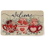 CROWNED BEAUTY Valentines Day Door Mat Teacups Welcome Doormat for Indoor Outdoor, Eucalyptus Decor Rug for Outside Porch Front Entrance 17x29 Inch