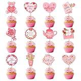 Happy Mother's Day Flower Cake Toppers, Heart Cupcake Topper Mother's Day Picks Decorations Birthday Party Supplies (24 Pcs)
