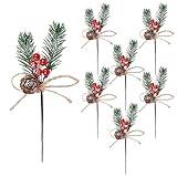 Lescli 6 Pcs 7.5 Inch Artificial Snow Spruce Branches with Red Berries Pine Cones Floral Picks for Christmas Tree Decoration Gift Wrap Embellishment Front Door Wreaths Garland DIY Crafts