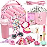 Hohosunlar Kids Pretend Play Little Girl Purse Accessories, Princess Toy Cell Phone w/ Light & Sound, Fake Makeup, Wallet, Keys, Credit Card, Play Water Bottle Christmas Birthday Gift Toys for Girls