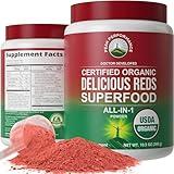 Peak Performance Organic Reds Superfood Powder, Best Tasting Organic Red Juice Super Food w/ 25+ All Natural Ingredients & Polyphenols, Vital for Max Energy and Detox. Raspberry, Elderberry, Beetroot