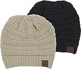 Funky Junque Women's Beanie Solid Ribbed Hat Cap, Black Beanies for Women, Soft Stretch Knit Slouchy Skull Cap - 2 Pack - Black & Beige