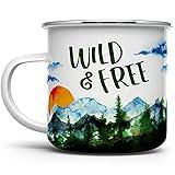 Wild and Free Enamel Campfire Mug, Outdoor Adventure Enthusiast Camping Coffee Cup, Wanderlust Mountain Nature Hiking Camp Lover Gift (12oz)