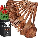 Wooden Spoons for Cooking, 10 Pcs Wooden Cooking Utensils Set – Wooden Utensil Set for Nonstick Pans & Cookware – Teak Wood - Sturdy, Lightweight & Heat Resistant