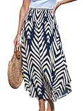 CUPSHE Skirts Abstract Smocked Midi Skirt High Waist Coverup Casual Vacation Navy S