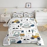 Cartoon Car Kids Comforter Set Construction Bedding Set Decor Equipment Trucks Comforter Cartoon Car Excavator Tractor White Yellow Duvet Set Bedroom Quilt Set 3Pcs Full