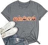 Fall Pumpkin Shirts Women Family Halloween Thanksgiving Tops Cute Autumn Thankful Pumpkin Fall Graphic Tees(Pumpkin-Grey,XL)