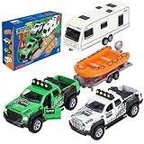 G.C 4 Pack Pickup Truck Trailer Toys for Boys Kids Toy Camper Boat Diecast Truck Vehicle 1:36 Scale Pull Back Metal Car Toys Playset with Light Sound