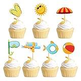 Ercadio 28 Pack Summer Beach Hawaii Cupcake Toppers Sun Umbrella Ball Diving Goggles Water Gun Slippers Cupcake Picks Baby Shower Hawaii Pool Theme Birthday Party Cake Decorations