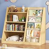 EXPERLAM Kids Bookshelf and Toy Storage Organizer, 4 Tier Wooden Kids Book Shelf with Sling Book Rack in Kids Room Playroom Nursery for Kids, Children, Toddlers