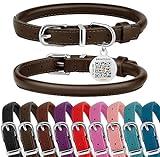 BRONZEDOG Rolled Leather Dog Collar for Small Medium Large Dogs with QR ID Tag (S: 12-14 Inch, Coffee Brown)