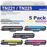 TN221 TN225 Toner Cartridge High Yield Replacement for Brother TN 221 TN 225 Compatible with MFC-9130CW HL-3170CDW HL-3140CW HL-3180CDW MFC-9330CDW (2 Black, 1 Cyan, 1 Magenta, 1 Yellow, 5 Pack)