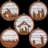 Pack of 5 Wooden Music Sheet Nativity Ornaments Bulk, Christmas Catholic Scene Ornament, Christian Keepsake, Xmas Tree Hanging Decor with Jesus Birth Yule Gift for Pastor Faith Church Members CB-11