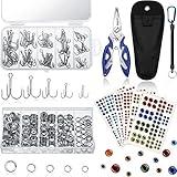 200 Pcs Fishing Stainless Steel Split Rings, 50 Pcs Treble Hooks, Lure Tackle Connector Fishing Pliers, Fishing Lanyard and 876 Pcs Fishing Lure Eyes for Tackle Fish
