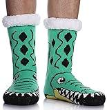 LINEMIN Mens Warm Slipper Socks Soft Cozy Fuzzy Fleece-Lined Winter Non Slip Indoor Christmas Socks (Crocodile Green)