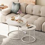 VILAWLENCE Nesting Coffee Table Round Side Table Set of 2 End Tables for Living Room Bedroom Balcony,White Wooden Stacking Accent Coffee Tables with Metal Frame
