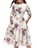Simple Flavor Women's Floral Vintage Dress Elegant Autumn Midi Evening Dress 3/4 Sleeves (Beige, XXL)