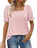 WIHOLL Plus Size Tops for Women Spring Tunic Loose Fit Square Neck Short Sleeve Tshirts Fashion Pink Stripe 3XL