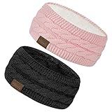 Loritta 2 Pack Headbands for Women Winter Warm Cable Knit Ear Warmer Thick Head Wrap Fuzzy Fleece Lined Gifts, Pure Color Black+Pink